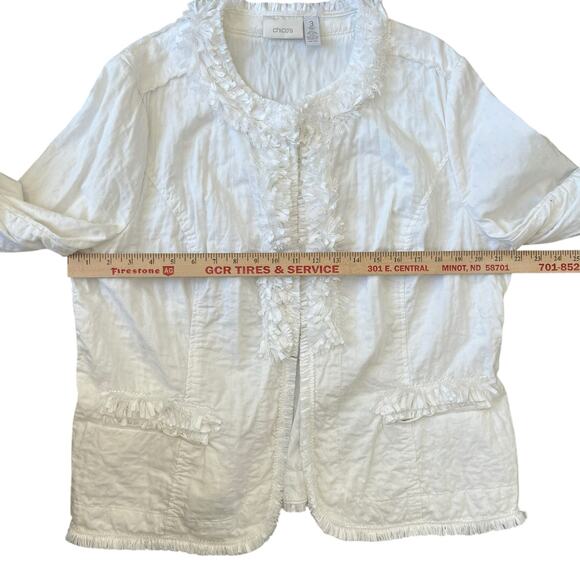 Chico's Jacket Women's 3 16/18 XL White Linen Blend Eyelash Fringe Trim Lined - Picture 9 of 11